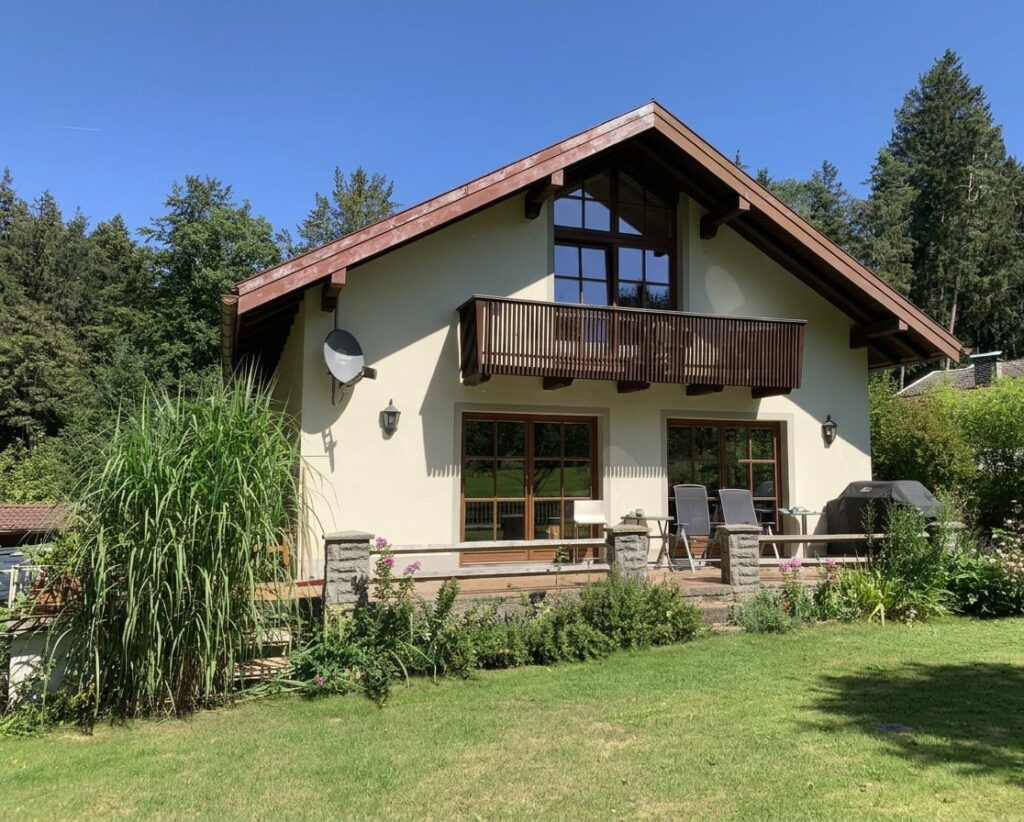 Einfamilienhaus mit Satteldach, Balkon und großer Fensterfront, umgeben von Garten und Bäumen im Hintergrund