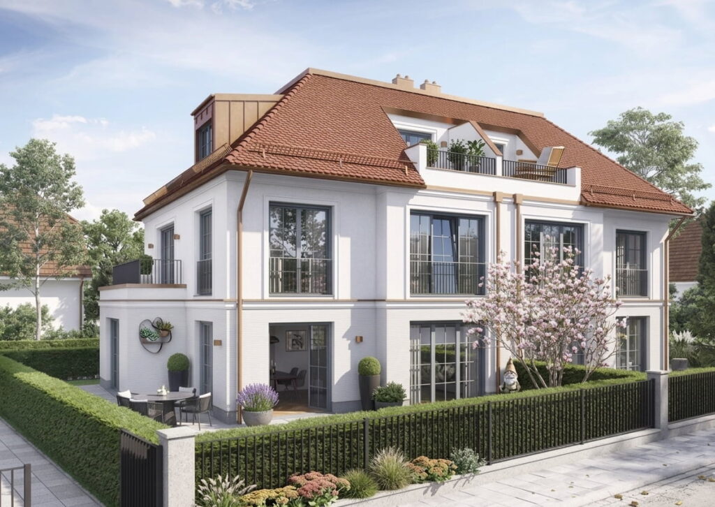 Zweistöckiges Wohnhaus mit weißer Fassade, braunem Satteldach, Balkonen und eingezäuntem Vorgarten mit blühendem Baum in Bogenhausen