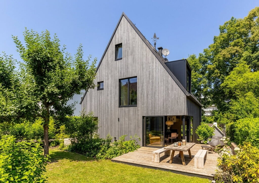 Modernes, dreistöckiges Holzhaus mit spitzem Dach, großer Fensterfront und Terrasse mit Holztisch und Bänken, umgeben von grünem Garten und Bäumen