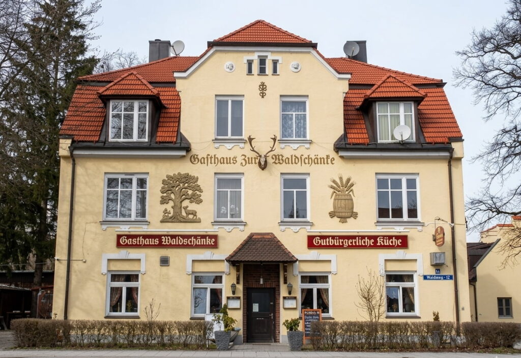Dreigeschossiges Gasthaus mit rotem Satteldach, zwei Erkern, Fassadenbeschriftung 'Gasthaus Waldschänke' und 'Gutbürgerliche Küche' sowie zwei großen Baum- und Ährenornamenten an der Fassade