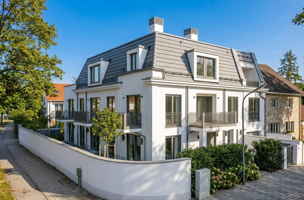 Modernes, weißes Eckhaus mit grauem Satteldach, mehreren Balkonen und umgebender Mauer in einem Wohnviertel