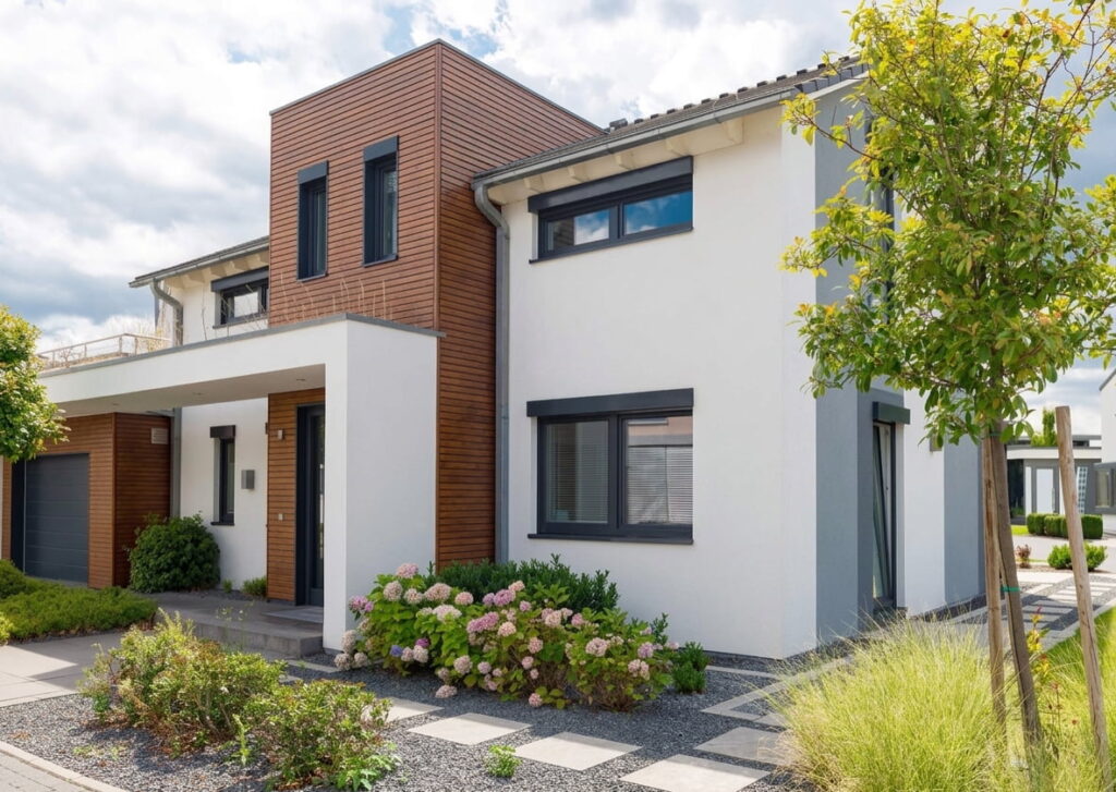 Modernes zweistöckiges Wohnhaus mit weißer Fassade und Holzverkleidung, umgeben von gepflegtem Garten mit Sträuchern und Baum