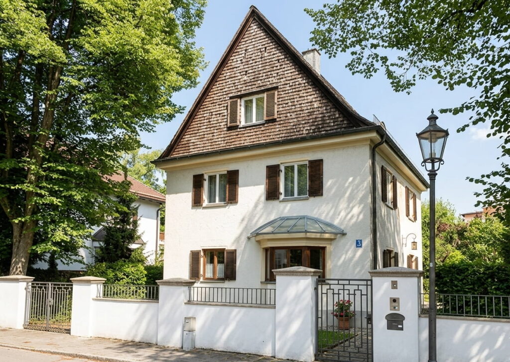 Zweistöckiges Einfamilienhaus mit Satteldach, weißen Fassaden, braunen Fensterläden und kleinem Vorgarten hinter weißer Mauer mit Metalltor in Nymphenburg