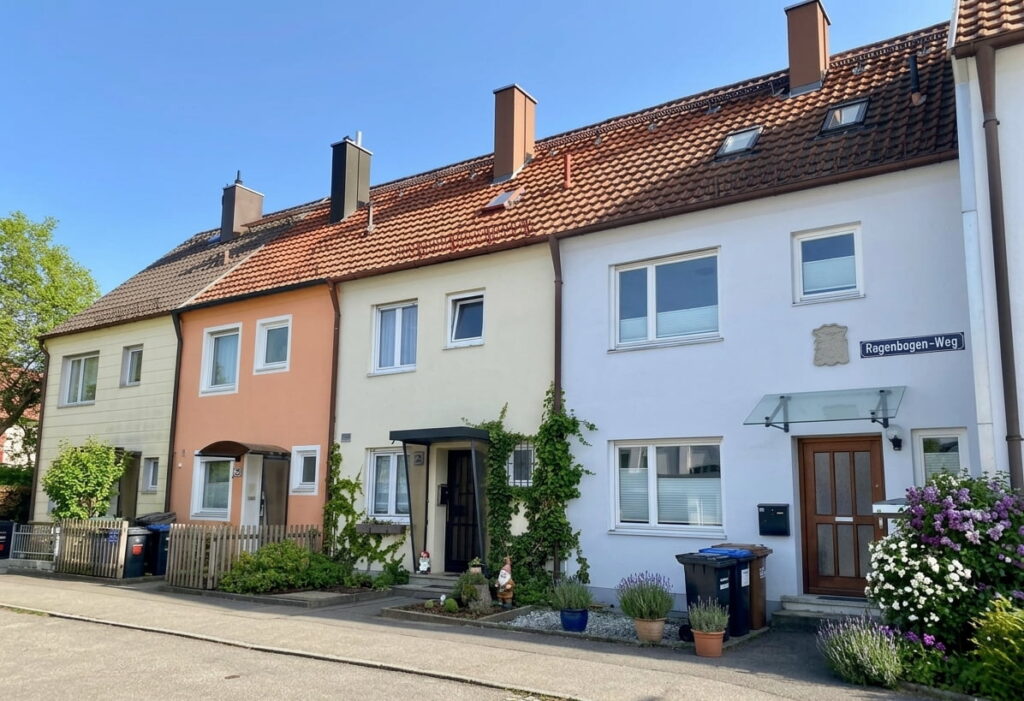Reihe von zweistöckigen Reihenhäusern mit Satteldächern und kleinen Vorgärten an einer ruhigen Straße im Wohngebiet Perlach
