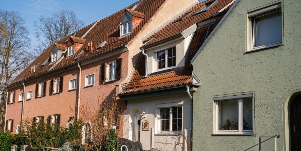 Reihe von Einfamilienhäusern mit roten Ziegeldächern und weißen Fassaden unter blauem Himmel