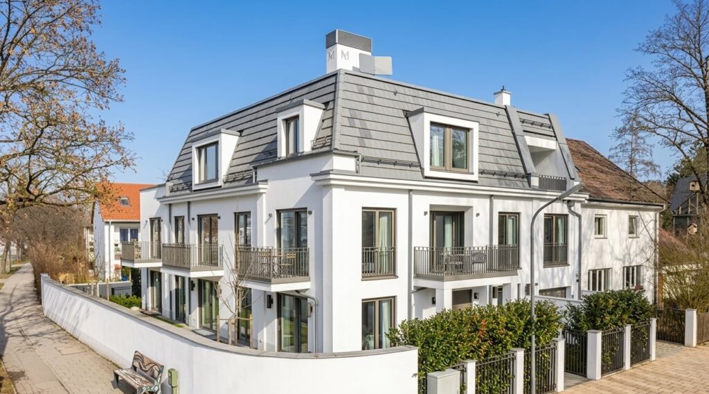 Modernes, weißes Eckhaus mit grauem Mansarddach, mehreren Balkonen und umgebender Mauer in einem Wohngebiet