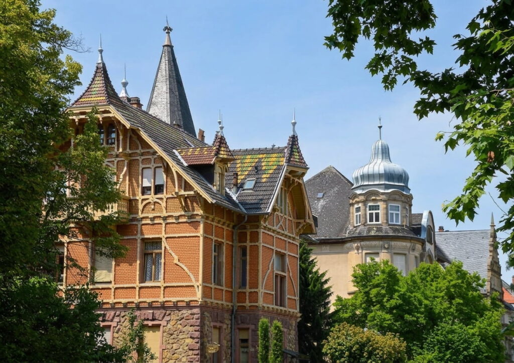 Historisches Wohnhaus mit Fachwerk und Ziegelfassade neben einem Gebäude mit kupferner Kuppel und Schieferdach, umgeben von Bäumen