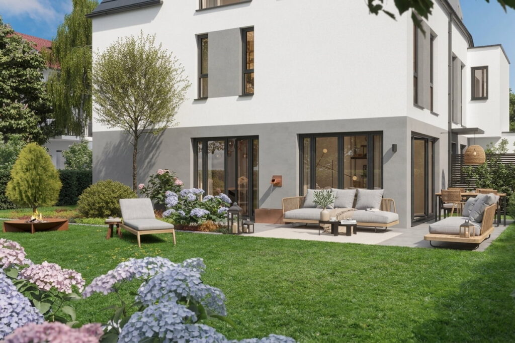 Moderner weißer zweistöckiger Wohnhaus mit großen Fenstern und Terrasse in einem gepflegten Garten mit Gartenmöbeln und blühenden Hortensien im Fasangarten