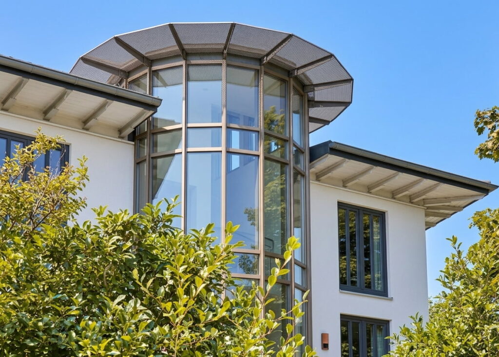 Moderner mehrstöckiger Wohnbau mit großflächigen Fenstern und rundem Erker, umgeben von grünem Buschwerk