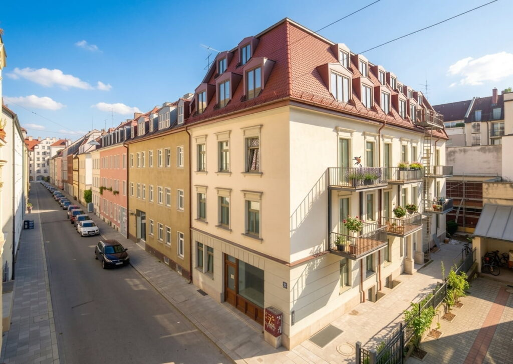 Mehrstöckiges Wohngebäude mit roten Dachgauben an einer ruhigen Straße in einem Wohnviertel in Freimann