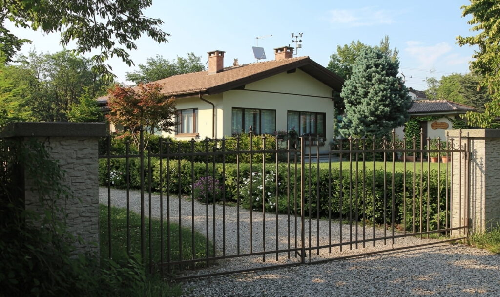 Einfamilienhaus mit Garten hinter einem geschlossenen Metalltor in einem grünen Wohngebiet