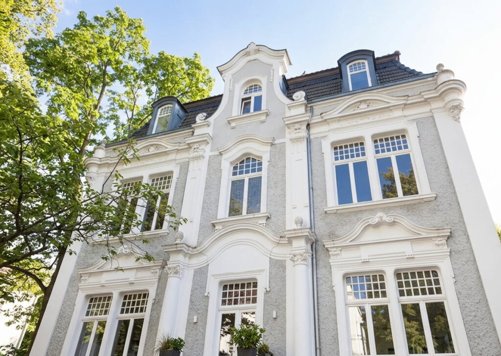 Fassade eines mehrstöckigen, historischen Wohnhauses mit großen Fenstern und verzierten Stuckelementen in einem grünen Stadtviertel