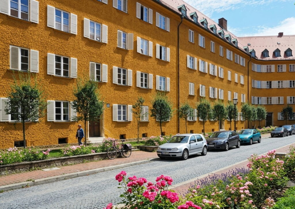 Lange gelb gestrichene Wohnhauszeile mit weißen Fensterläden, gepflasterter Straße, parkenden Autos und Blumenbeeten im Vordergrund in Moosach