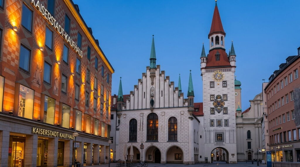 Das Alte Rathaus am Münchner Marienplatz in der Abenddämmerung – ein dynamischer Standort für den strategischen Immobilienverkauf von Häusern und Wohnungen zum besten Preis.