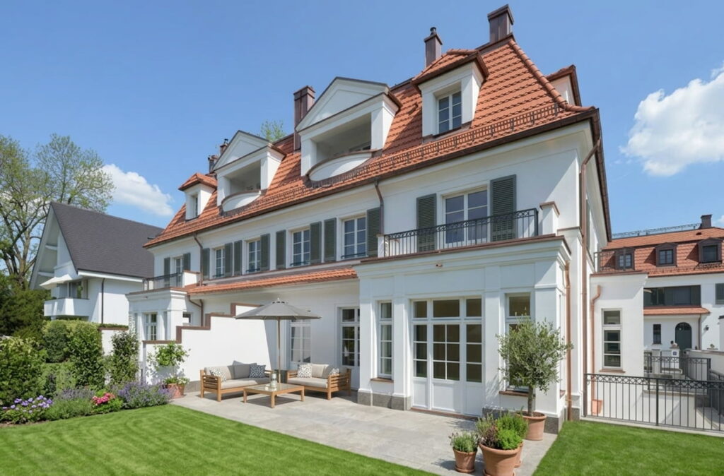 Großes, weißes Stadthaus mit rotem Satteldach, mehreren Gauben und Terrasse mit Gartenmöbeln in Schwabing