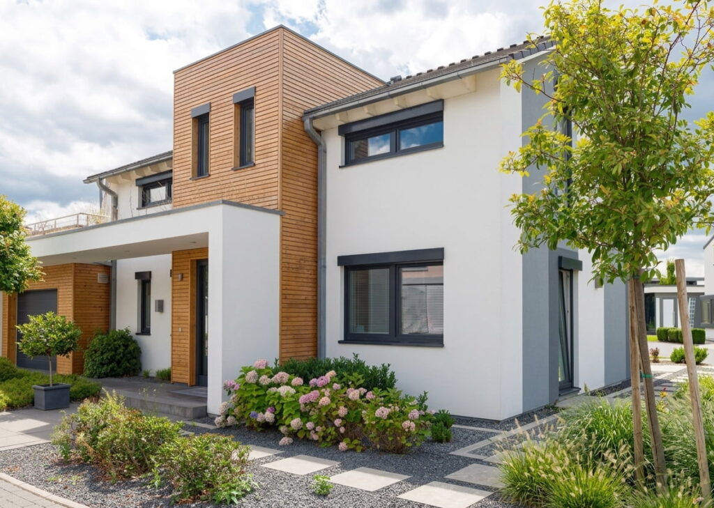 Modernes zweistöckiges Wohnhaus mit weißer Fassade und Holzverkleidung, umgeben von gepflegtem Garten mit Sträuchern und Bäumen