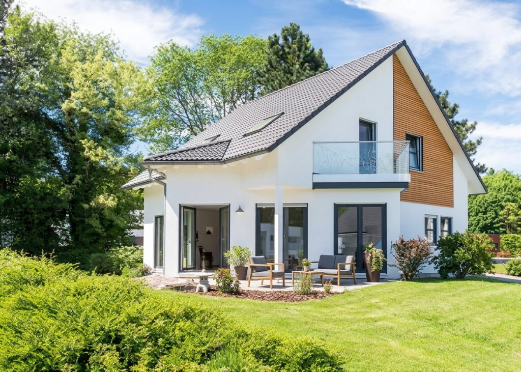 Modernes Einfamilienhaus mit Satteldach, Balkon mit Glasgeländer und Terrasse in einem grünen Garten in Schwanthalerhöhe