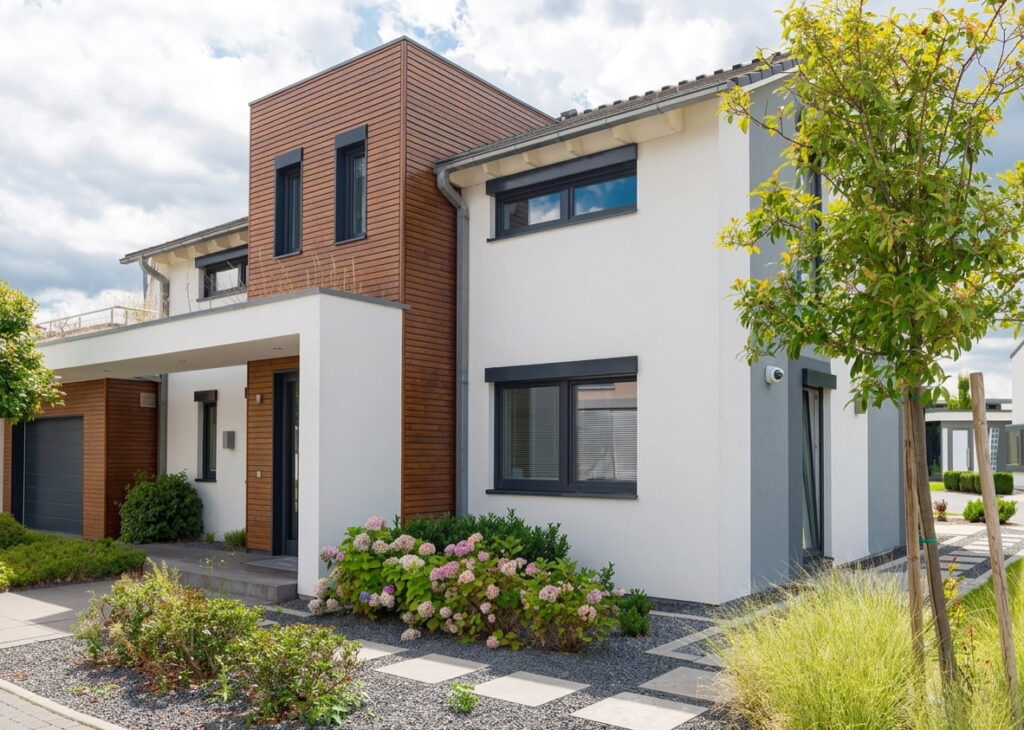 Modernes Einfamilienhaus mit weißer Fassade, Holzverkleidung und großem Fenster im Eingangsbereich, umgeben von gepflegtem Garten mit Sträuchern und Baum