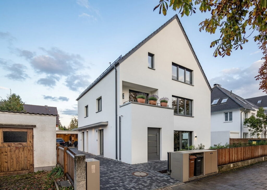 Modernes, dreistöckiges Einfamilienhaus mit Satteldach und weißer Fassade in einem Wohngebiet mit angrenzendem Garten und gepflastertem Zufahrtsweg.