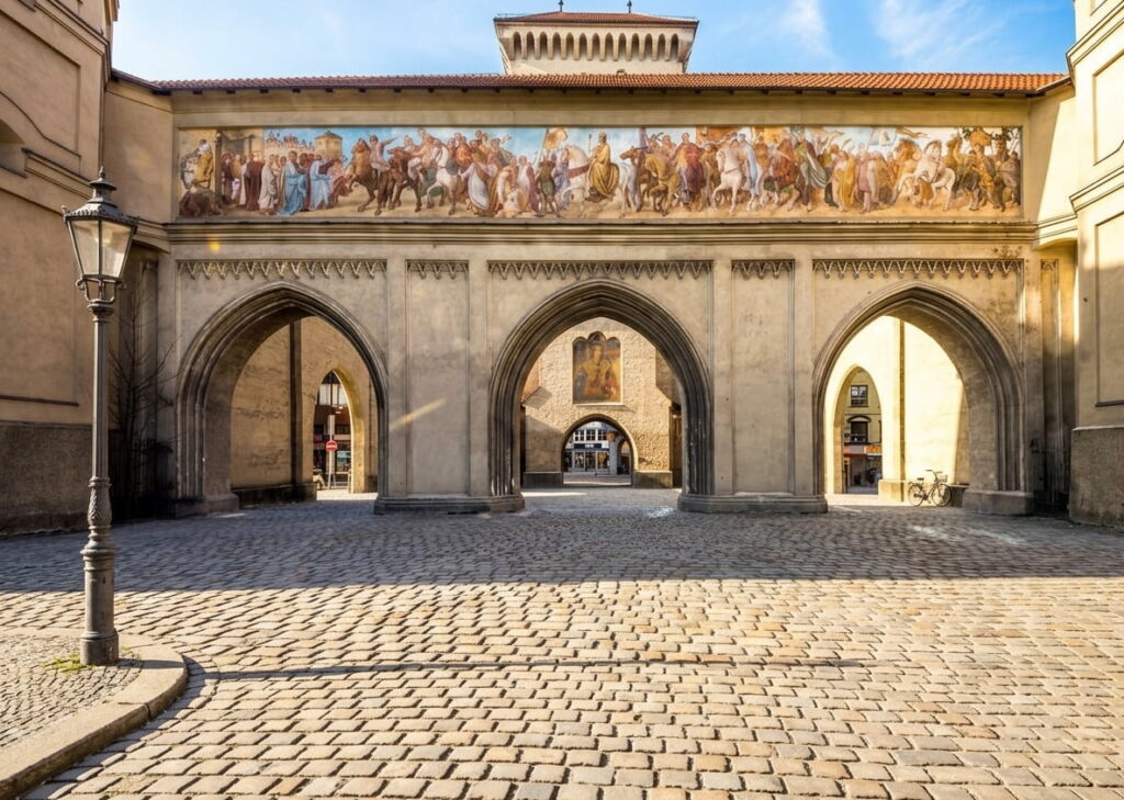 Historisches Stadttor mit drei Rundbögen und einer bemalten Freskenreihe darüber, davor gepflasterter Platz und Straßenlaterne