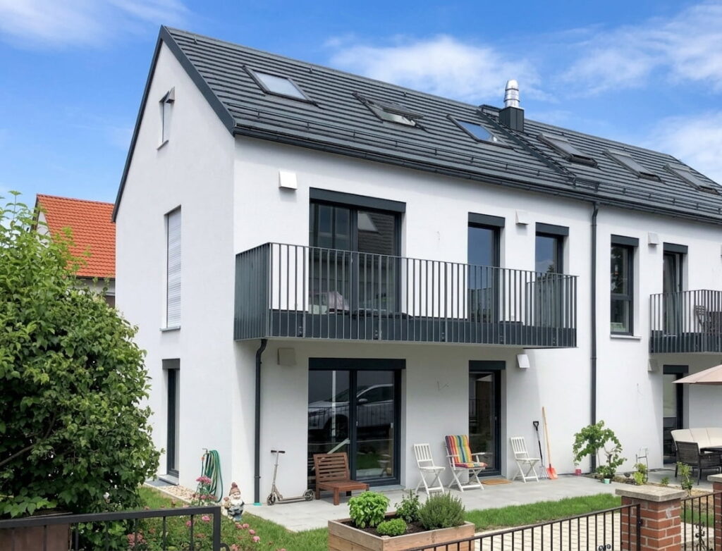 Modernes zweistöckiges Wohnhaus mit weißer Fassade, dunklem Satteldach, Balkonen und kleinem Garten im Vordergrund