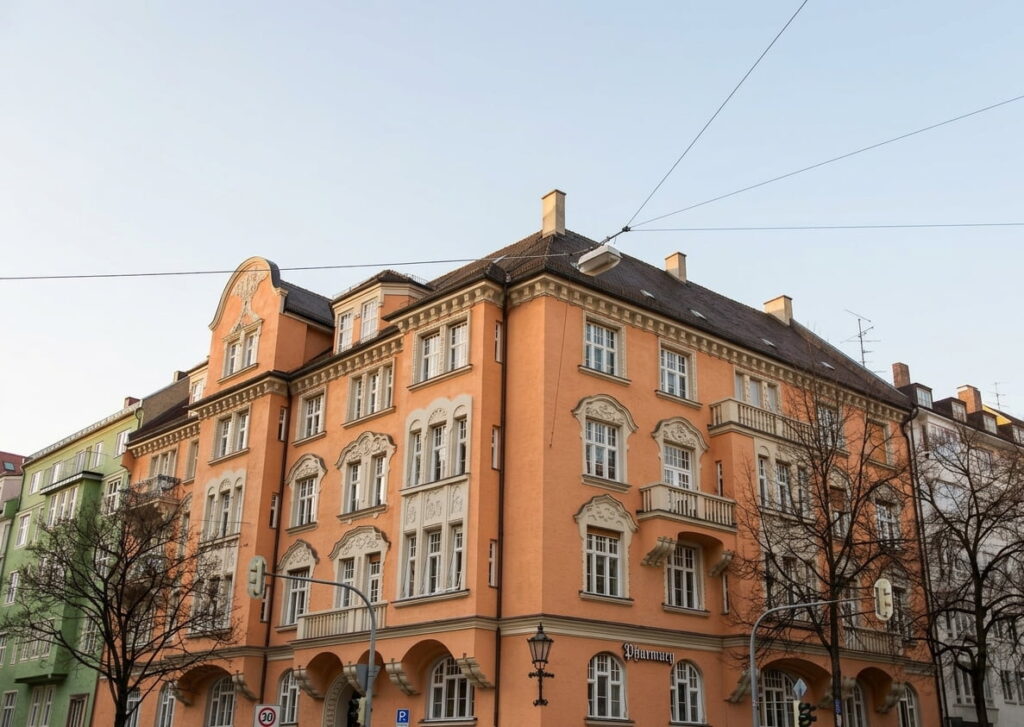 Mehrstöckiges Eckgebäude mit historischer Fassade und mehreren Fenstern in einem Stadtviertel mit weiteren Wohnhäusern