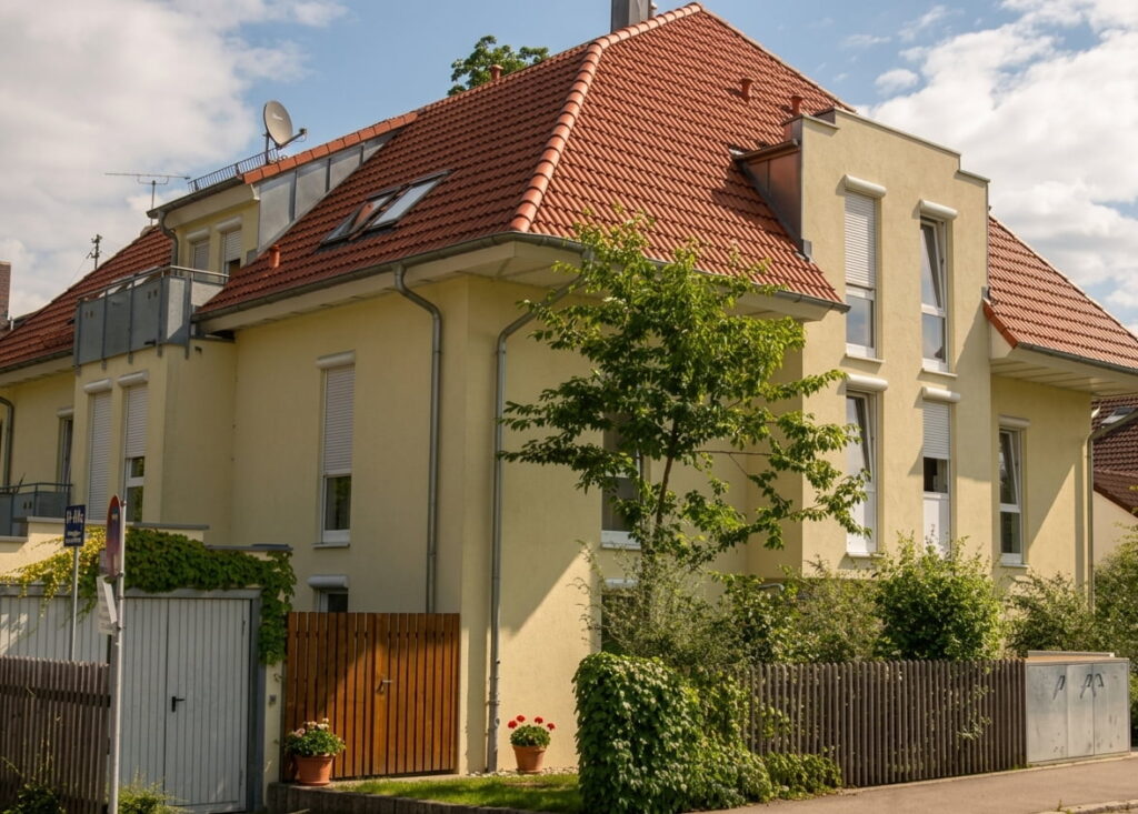 Eckhaus mit rotem Satteldach, gelber Fassade, mehreren Fenstern und einem kleinen Garten mit Büschen und Bäumen in einem Wohngebiet