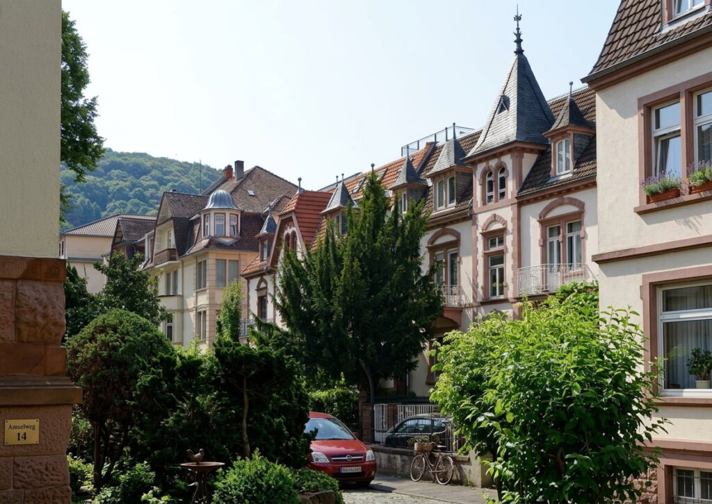 Straßenzug mit historischen mehrstöckigen Wohnhäusern im Stil des späten 19. Jahrhunderts, davor parkende Autos und Fahrräder, umgeben von Bäumen und Sträuchern
