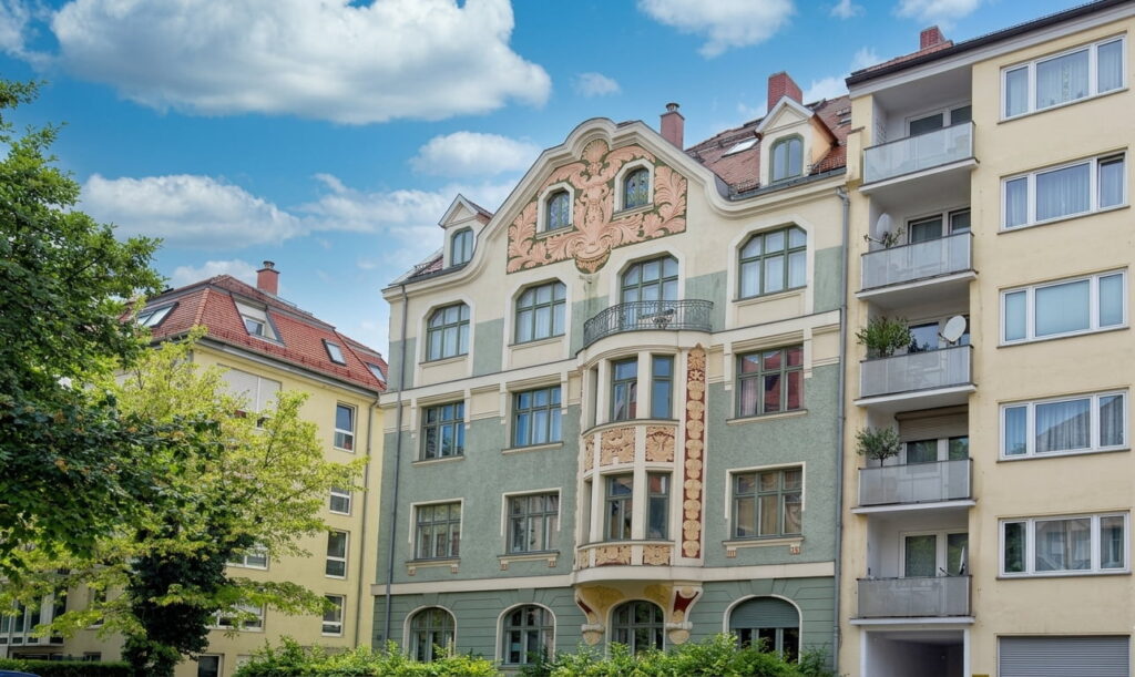 Mehrstöckiges Wohnhaus mit historischer Fassade und verzierten Balkonen zwischen zwei moderneren Gebäuden in einem Wohnviertel
