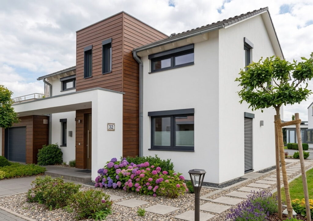 Modernes zweistöckiges Wohnhaus mit weißer Fassade, brauner Holzverkleidung am Obergeschoss, großen Fenstern, Vorgarten mit blühenden Hortensien und kleinem Baum