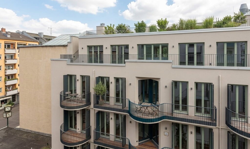 Mehrstöckiges Wohngebäude mit Balkonen und großen Fenstern in einem urbanen Viertel