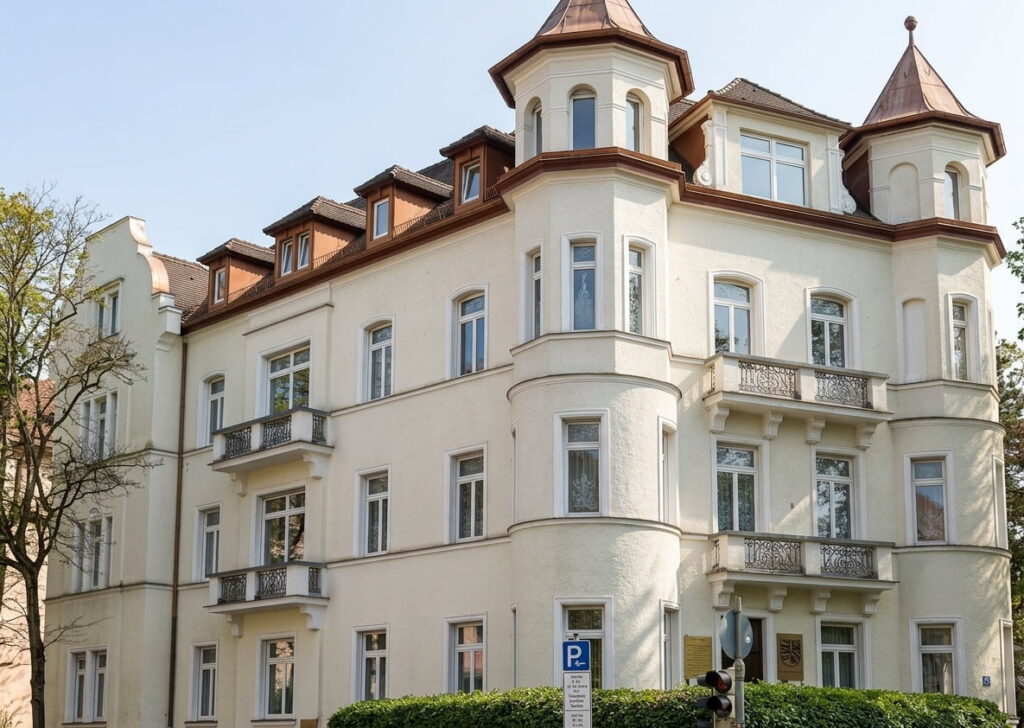 Eckgebäude mit zwei Türmen und mehreren Fenstern in einem Wohnviertel