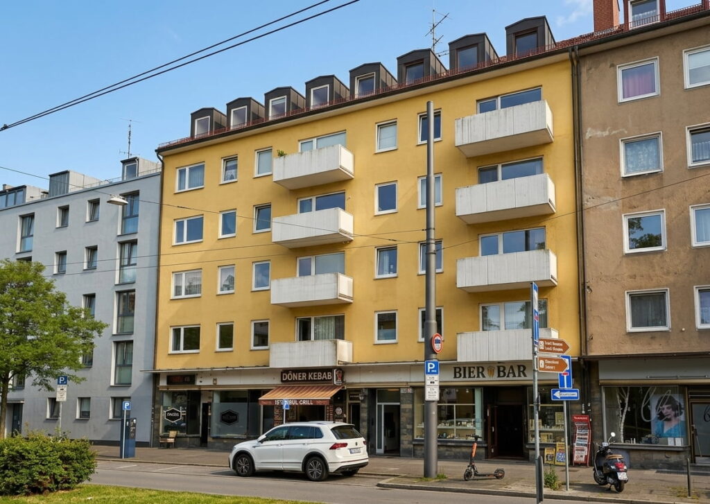 Mehrstöckiges Wohngebäude mit gelber Fassade, mehreren Balkonen und Erdgeschosslokalen "Döner Kebab" und "Bier Bar" an einer belebten Straße in Moosach