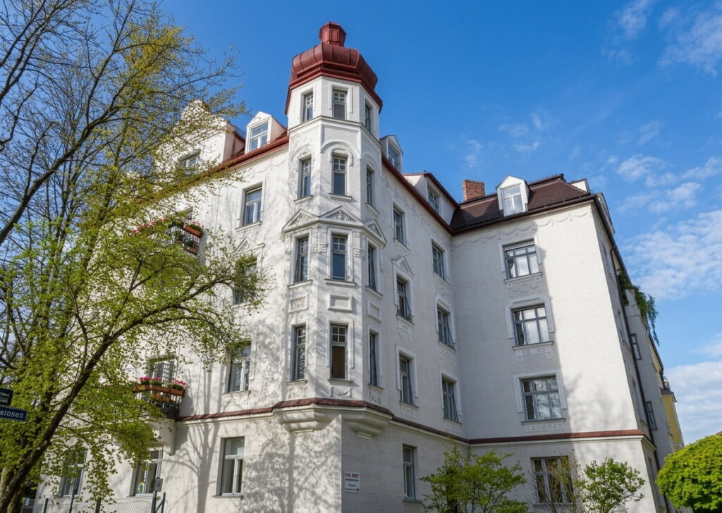 Mehrstöckiges weißes Wohngebäude mit Erker und roten Dächern vor blauem Himmel und Baum im Vordergrund
