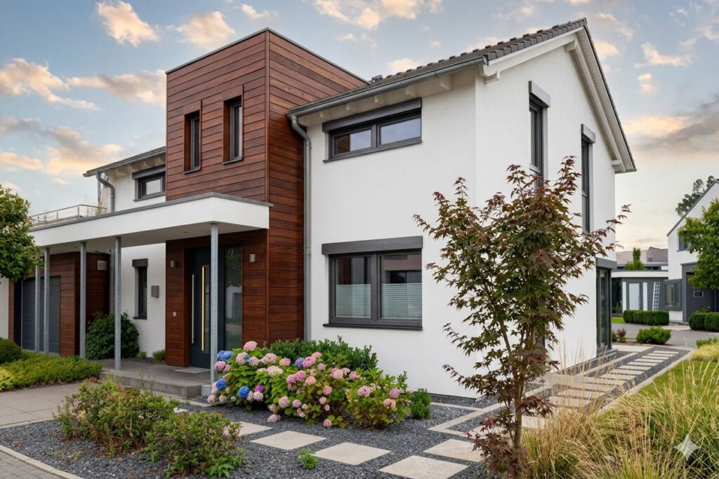 Modernes Einfamilienhaus mit weißer Fassade und Holzverkleidung im Eingangsbereich, umgeben von Garten mit Sträuchern und Blumen