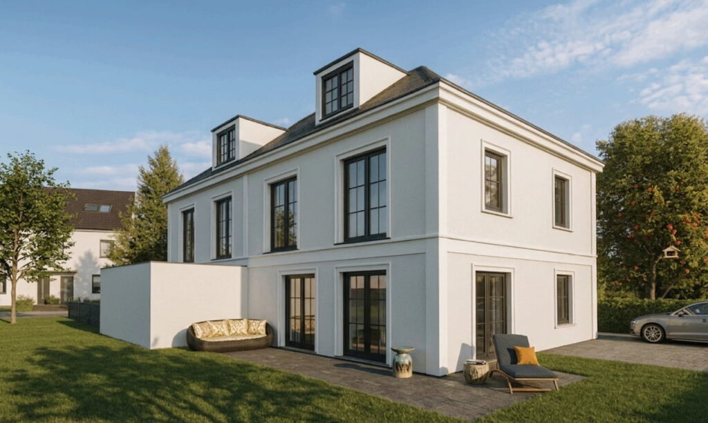 Zweistöckiges weißes Wohnhaus mit großen Fenstern, Terrasse mit Sitzmöbeln und angrenzendem Garten in Perlach