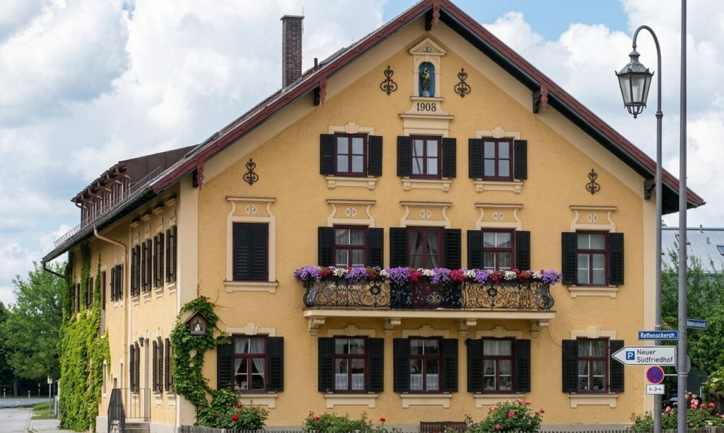 Gelbes, zweistöckiges Wohnhaus mit Satteldach, Fensterläden und Blumenkasten am Balkon in Perlach