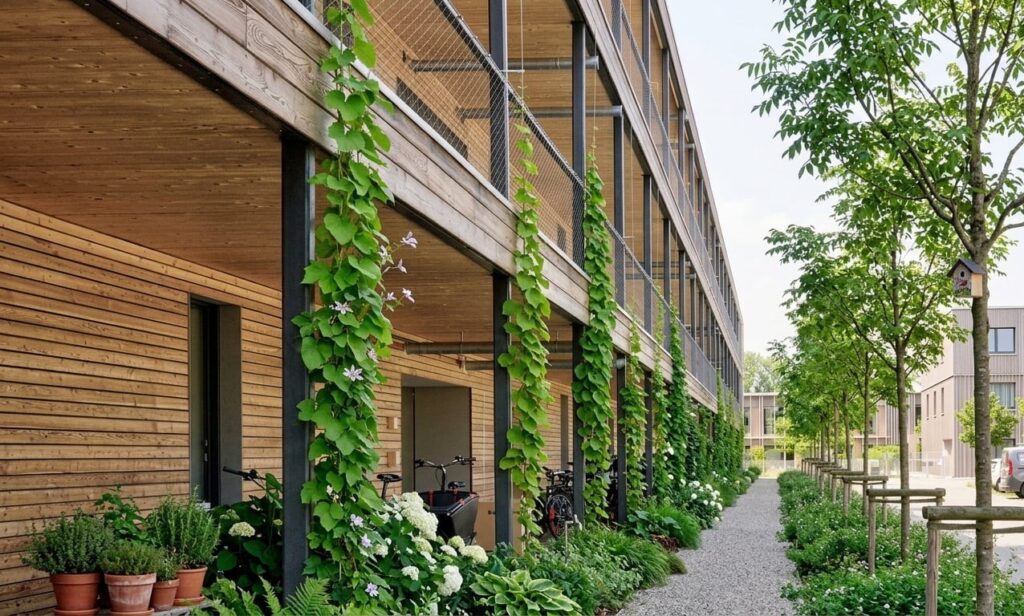 Moderner Holzbau mit begrünten Säulen und Fahrradstellplätzen neben einem Kiesweg und jungen Bäumen
