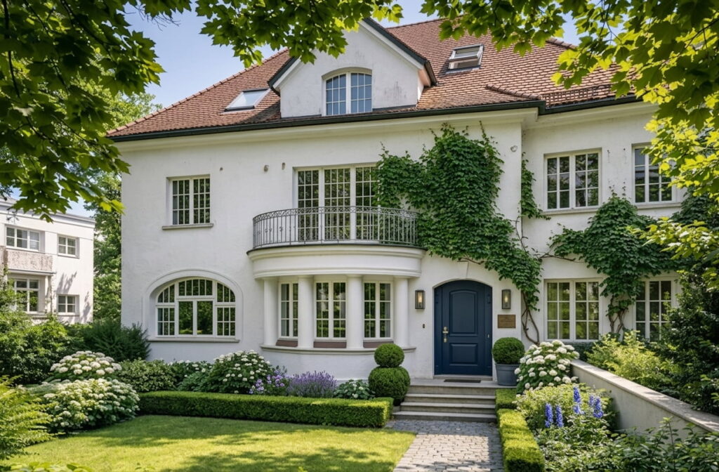 Großes zweistöckiges Wohnhaus mit Satteldach, Balkon über dem Eingang, blauer Haustür und gepflegtem Vorgarten mit Buchsbaumhecken und blühenden Sträuchern in Schwabing-West