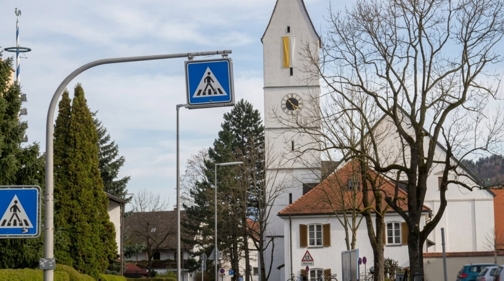 Kirchturm mit Uhr und gelbem Fenster über einem weißen Gebäude mit rotem Dach an einer Straße mit mehreren Fußgängerüberweg-Schildern und kahlen Bäumen