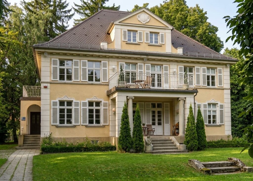 Großes zweistöckiges Haus mit Satteldach, zahlreichen weißen Fensterläden und einer Terrasse im Garten in Harlaching